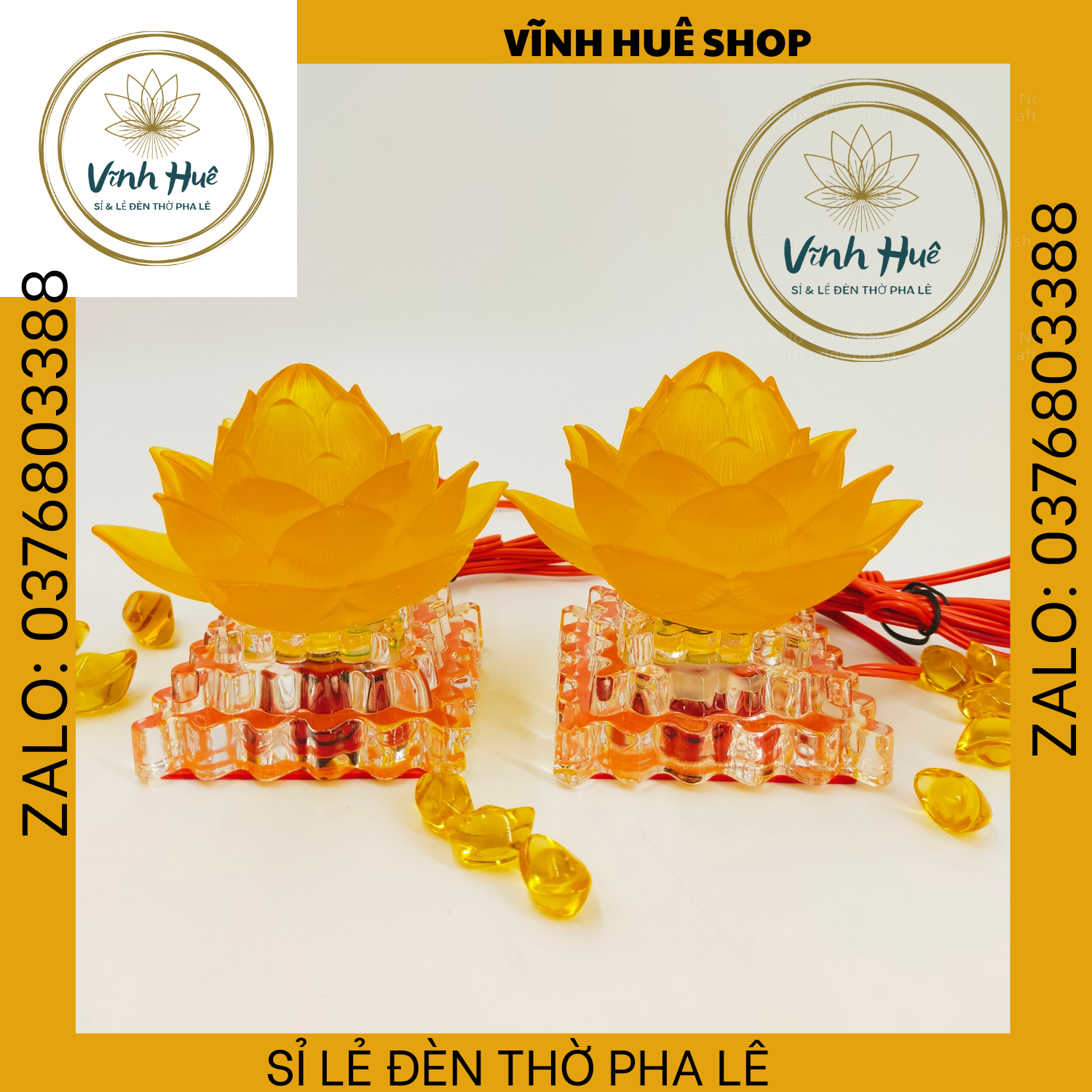 ĐÈN THỜ CÚNG MẠCH LED HOA SEN VÀNG ĐỔI MÀU ĐẾ PHA LÊ