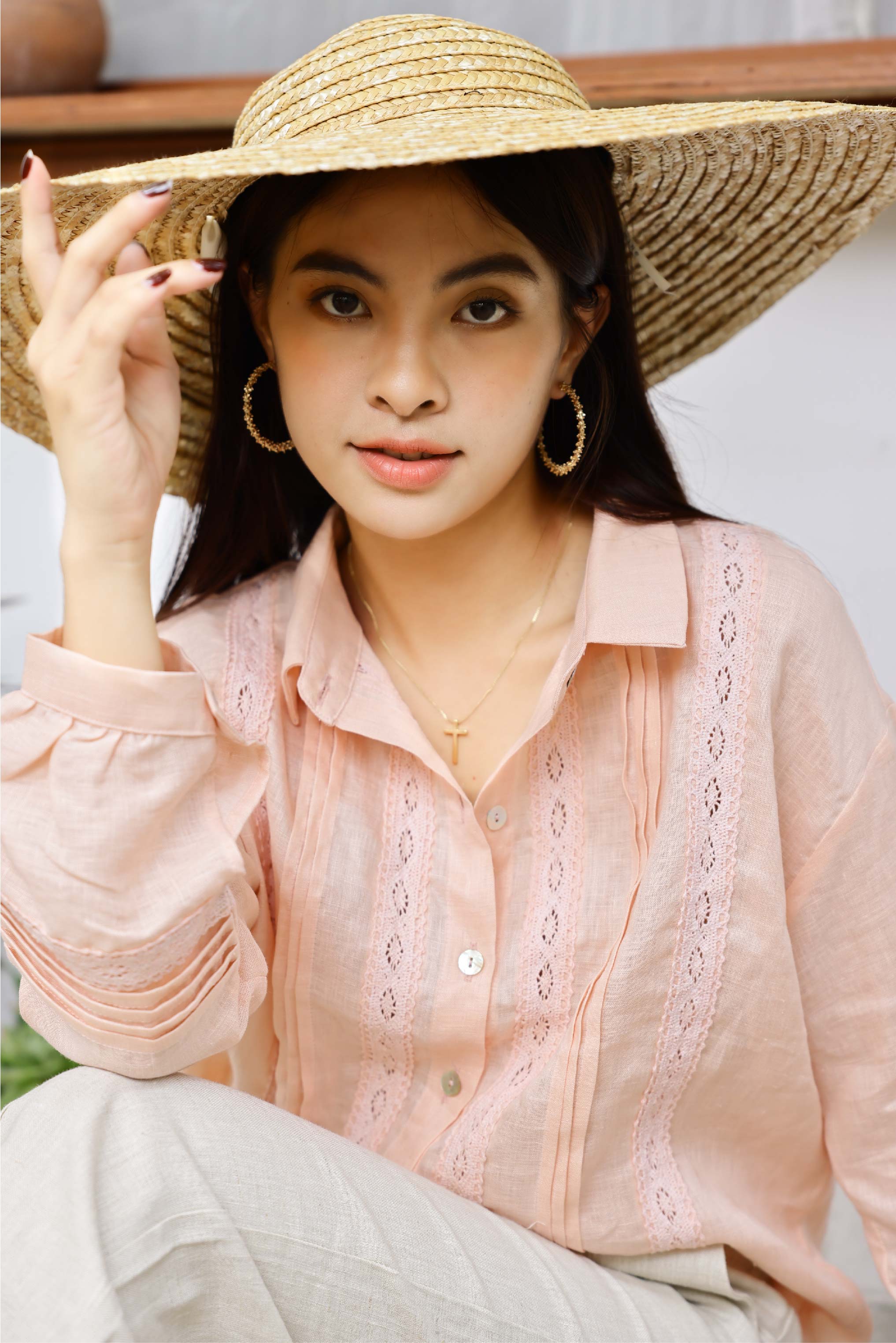 Áo sơ mi linen phối crochet CIRA - MaxMessi