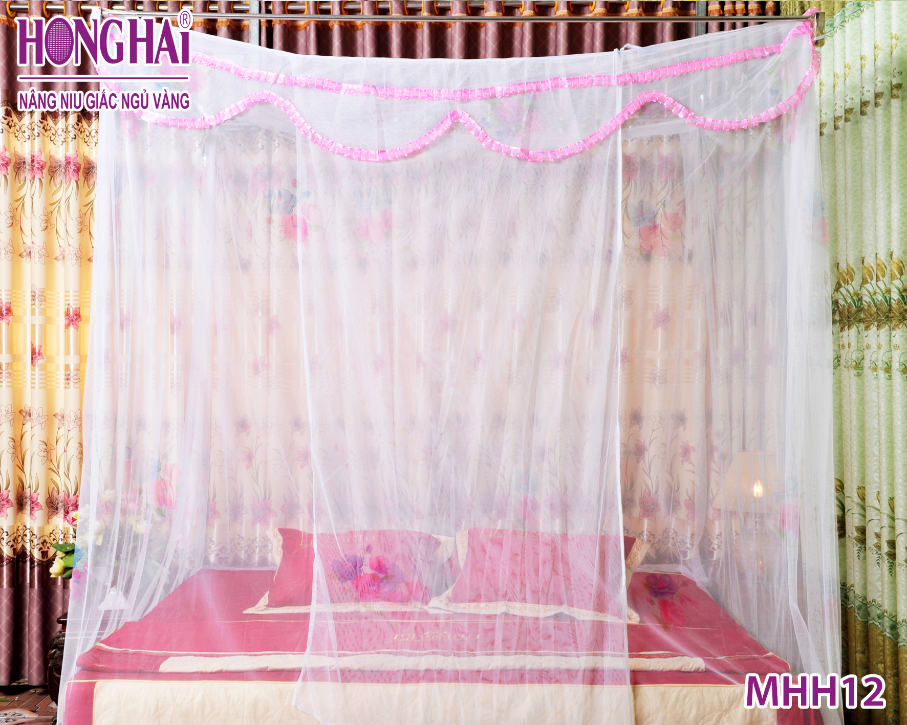 Mùng tuyn lạnh chống muỗi có in bông . ( Mùng bông Hồng Hải đủ size)