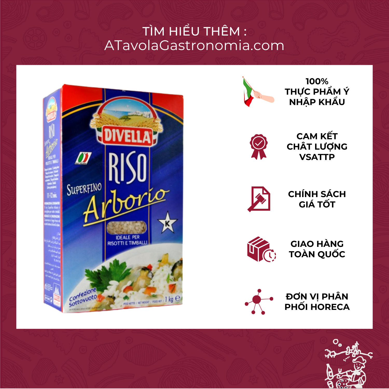 Gạo Ý Riso Arborio DIVELLA gói 1Kg chuyên làm risotto [Chính Hãng]