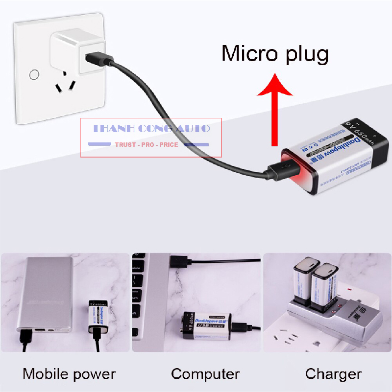 01 viên Pin Sạc Cổng Micro USB Doublepow 9V 6F22 650mAh
