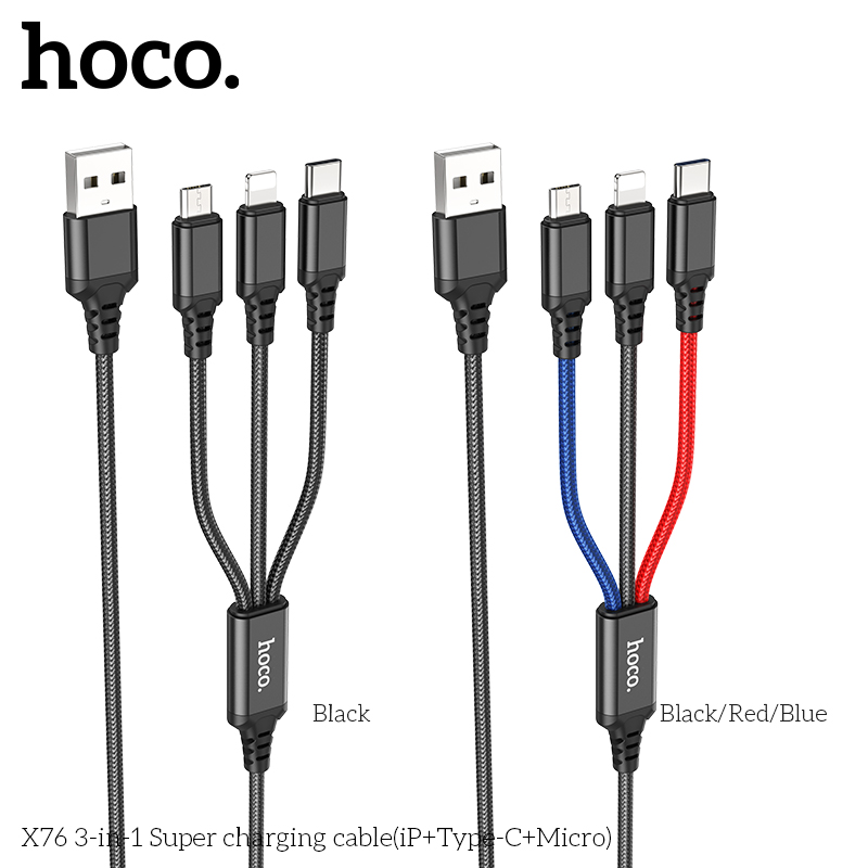 Cáp sạc hoco x76 3 trong 1 2.0a cổng ip + typec + micro dây dài 1m