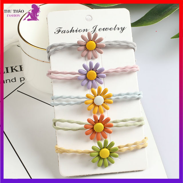 Set 5 Dây Thun Cột Tóc Nữ-Đính Hoa Cúc- Hot Trend