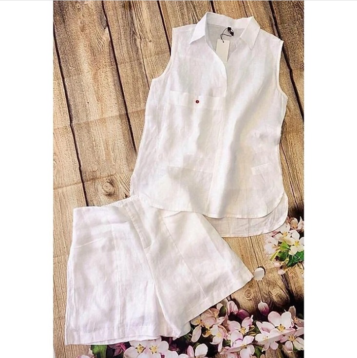 Set bộ ngắn Linen bột Premium Áo sát nách cổ bẻ kèm quần sóc SLINEN chất vải Linen bột mềm thích hợp mùa hè