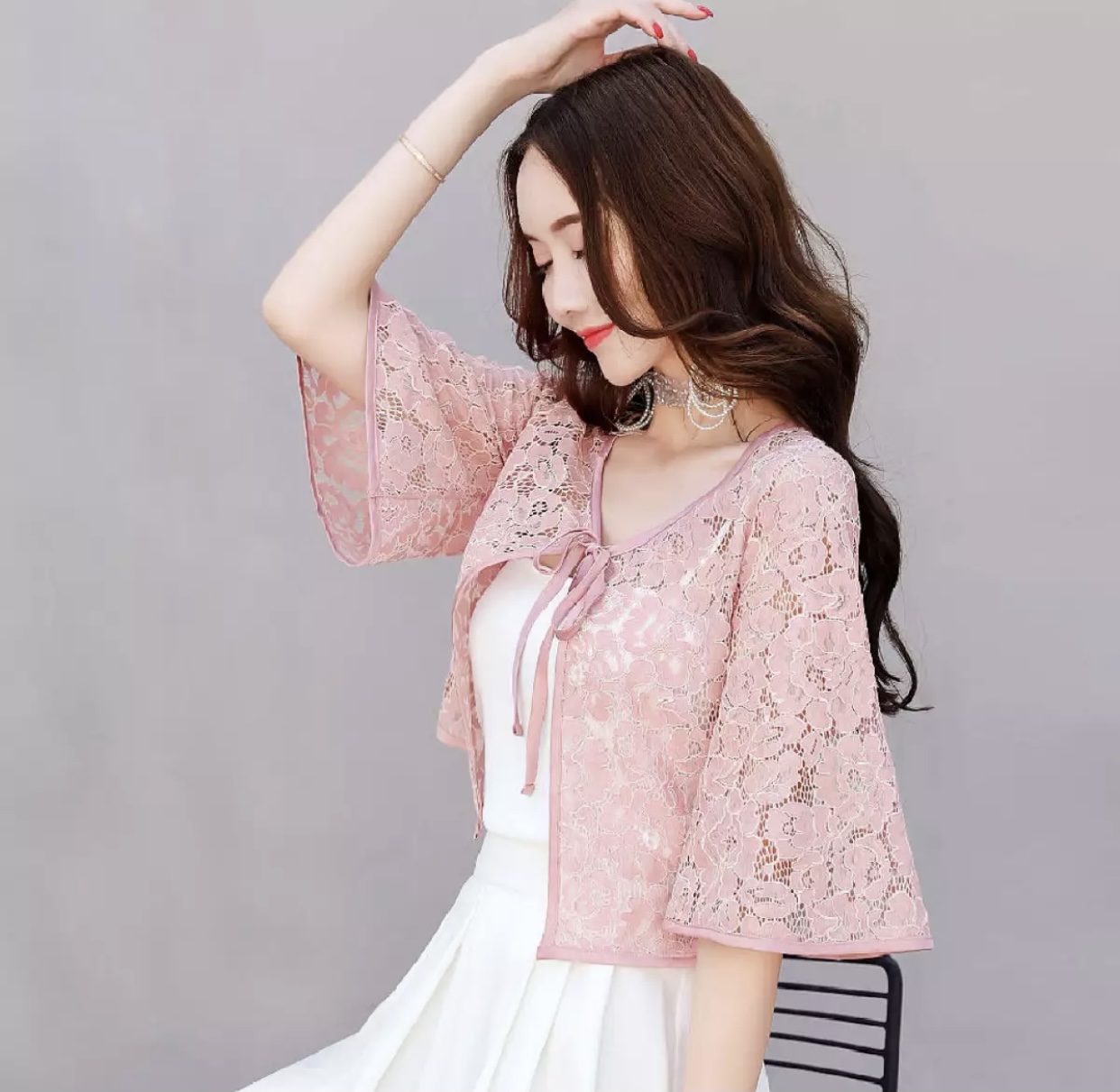 Áo choàng ren cột nơ tiểu thư xinh xắn