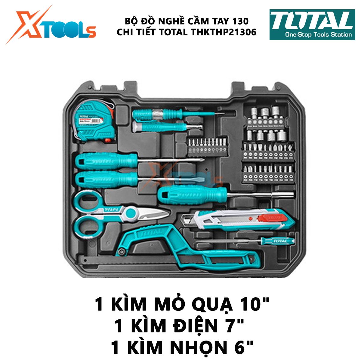 Bộ đồ nghề cầm tay 130 chi tiết TOTAL THKTHP21306 | bộ 117 dụng cụ cầm tay gồm thước cuộn, tua vít, khung cưa sắt nhỏ, kềm cắt...