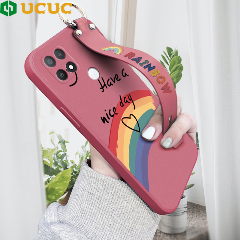 UCUC Phone Case For OPPO A15 A15S (With Wristband) Case For Grils Softcase Rainbow Smile Square Edge Liquid Silicone Casing Full Cover Camera Shockproof Protection Cases