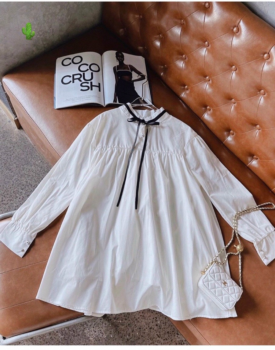 Áo sơ mi baby doll nơ siêu thanh lịch, màu trắng tinh khôi