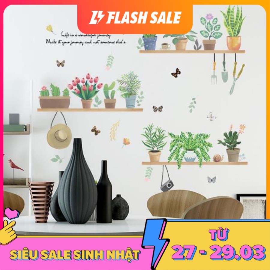 Decal trang trí tường - Nhiều Chậu Cây treo khung. Decal in trên chất liệu PVC có keo sẵn ở mặt sau chỉ cần lột ra và dán.