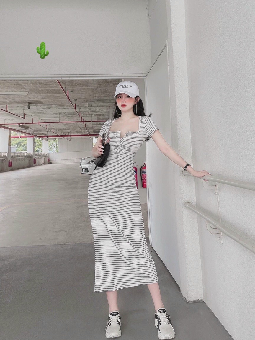 Đầm body ôm sọc dài đầm maxi đầm thun gân đầm dự tiệc form 50kg