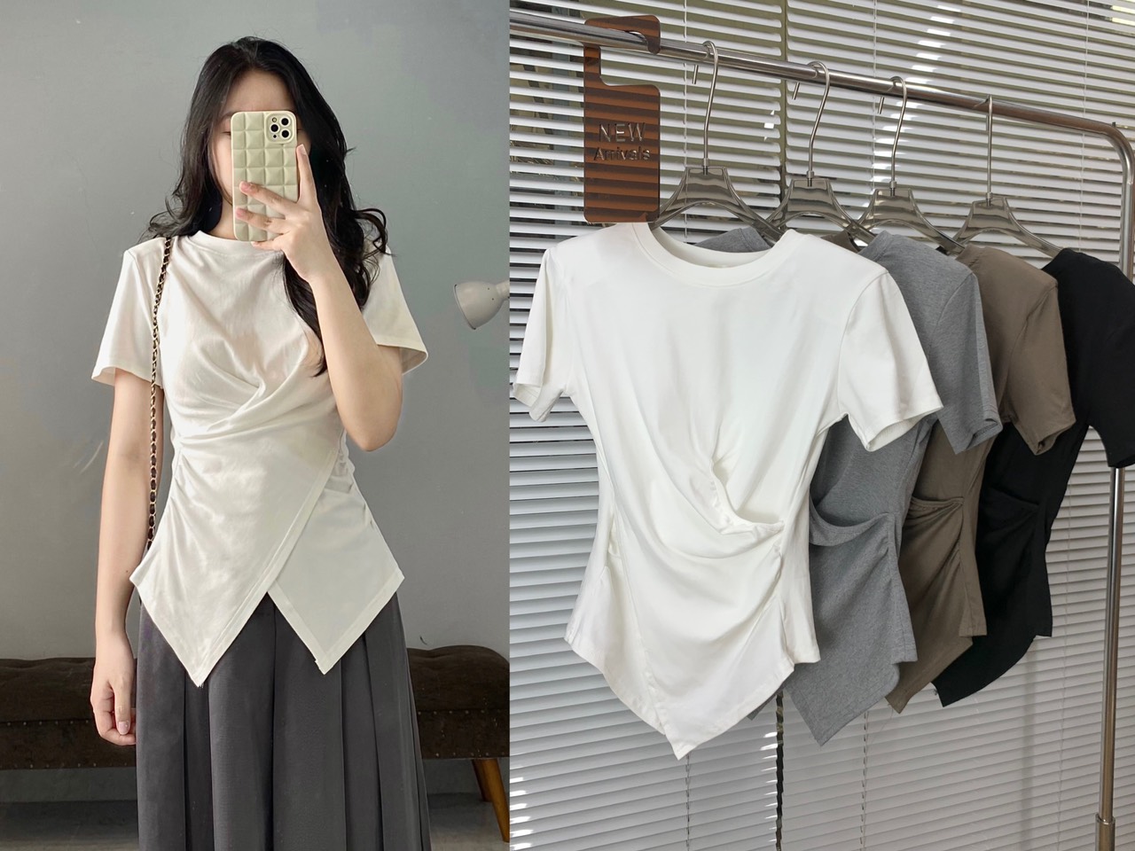 Áo thun cổ tròn đệm vai xoắn eo - 247StoreFashion - Aoxoandemvai_P13K6