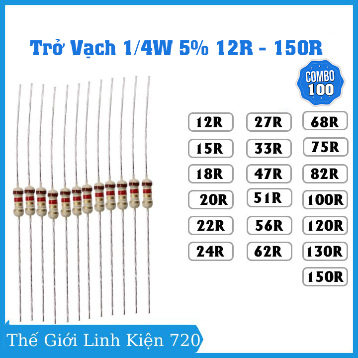 Gói 100 con trở vạch 1/4w 5% giá trị điện trở từ 12r - 150r