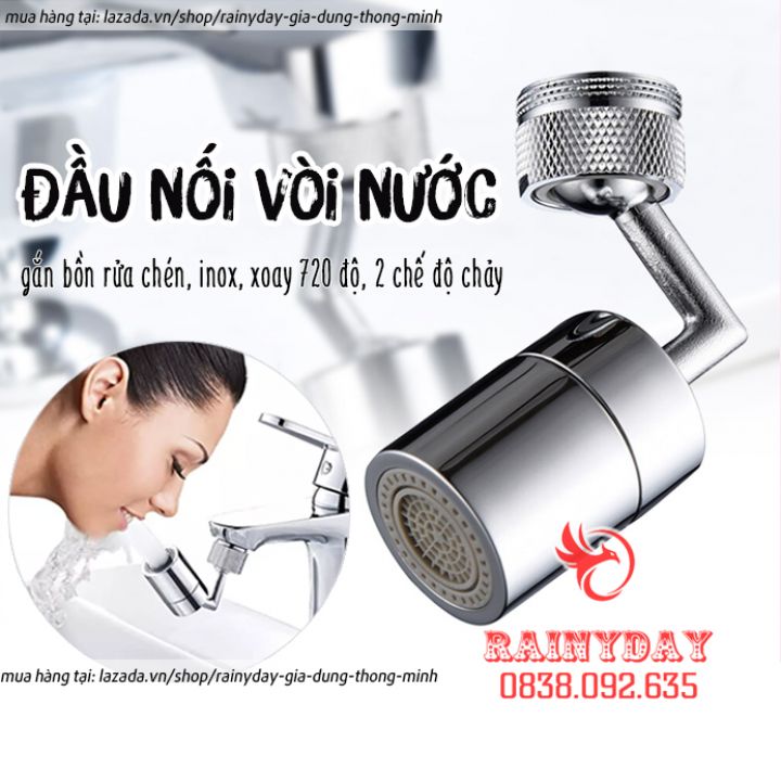 Đầu nối vòi nước, đầu vòi rửa bát chén tăng áp đa năng thông minh xoay 360 720 độ bồn rửa mặt inox