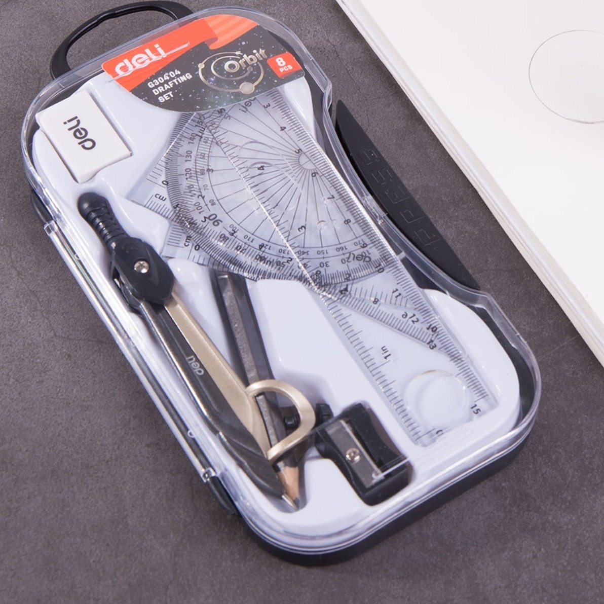 Bộ Compa học sinh Deli, Đen - Gồm 8 dụng cụ - 1 hộp - EG30404