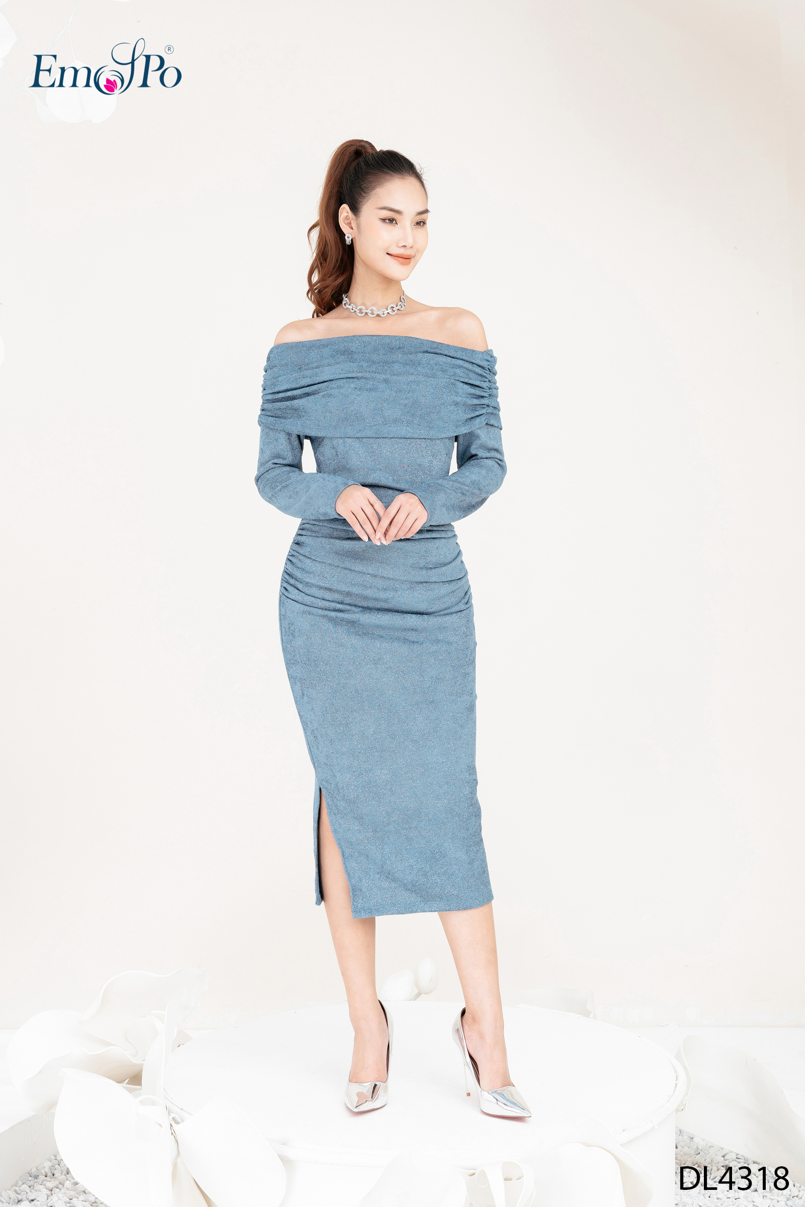 Đầm thun body trễ vai rúm dọc thân váy emspo dl4318