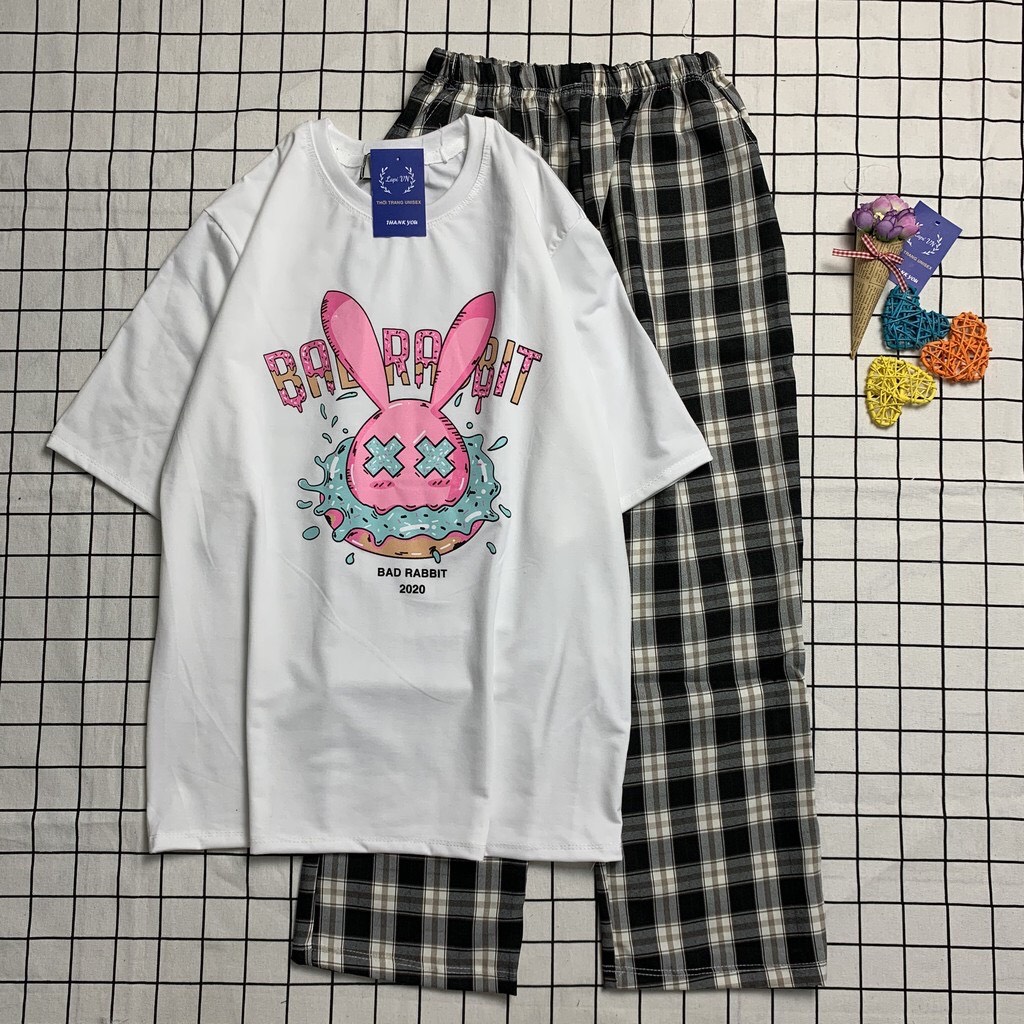 Sét Bộ Hoạt Hình Áo Thỏ Hồng Habit + Quần Caro Ống Rộng Dễ Thương  Thun Coton  Đồ Bộ Dài  Đồ Bộ 3D Cartoon Siêu Đẹp TTSLB0072