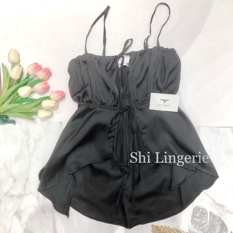 Bộ ngủ lụa cột dây vạt xéo [Shi.Lingerie]