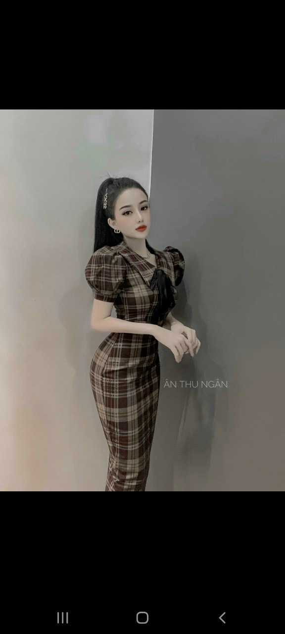 Đầm karo cổ sen tay búp-QH #damnu