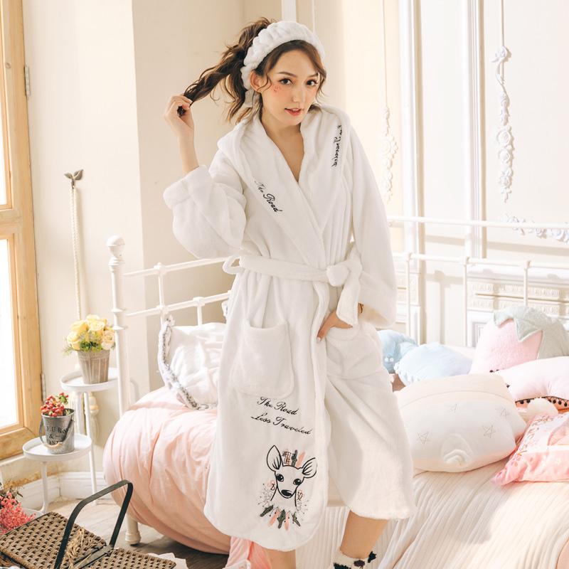 Nhung San Hô Đồ Ngủ Nữ Mùa Đông Dài Kiểu Hàn Quốc Liền Mũ Đáng Yêu Công Chúa Flano Dày Áo Mặc Ở Nhà Hoạt Hình Áo Ngủ