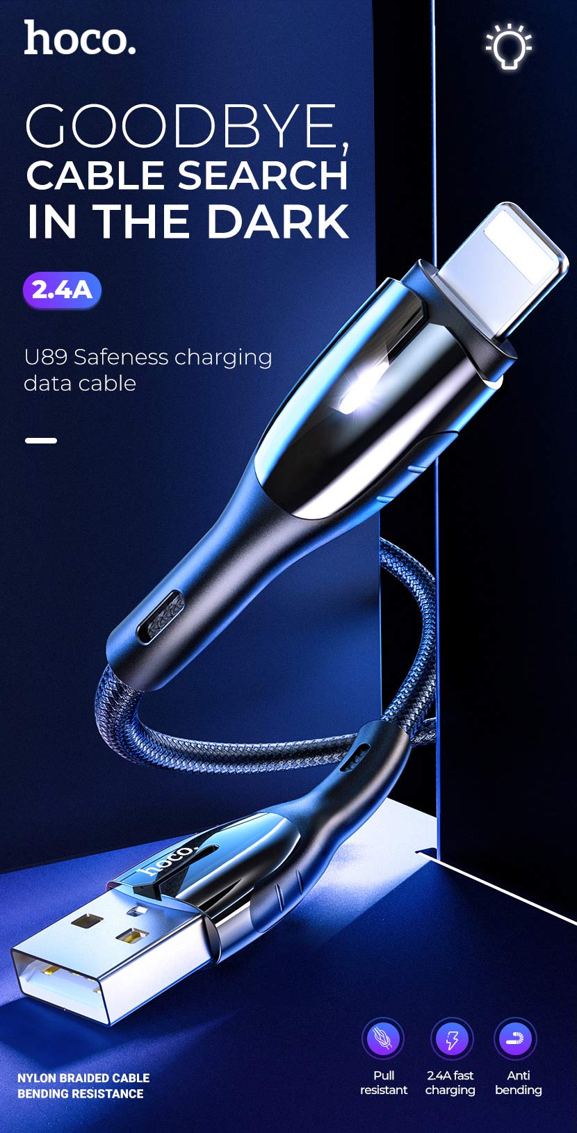 Cáp Sạc Nhanh 2.4A Hoco U89 Có Đèn Báo Lightning, Type C, Micro 1.2M (BH 12 Tháng)