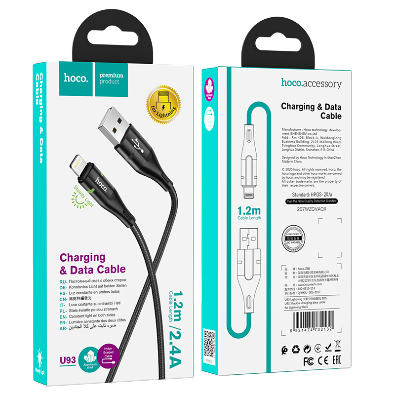 Cáp sạc nhanh Hoco U93 siêu bền 2.4A iPhone / Android/ iPad dây dài 1.2m