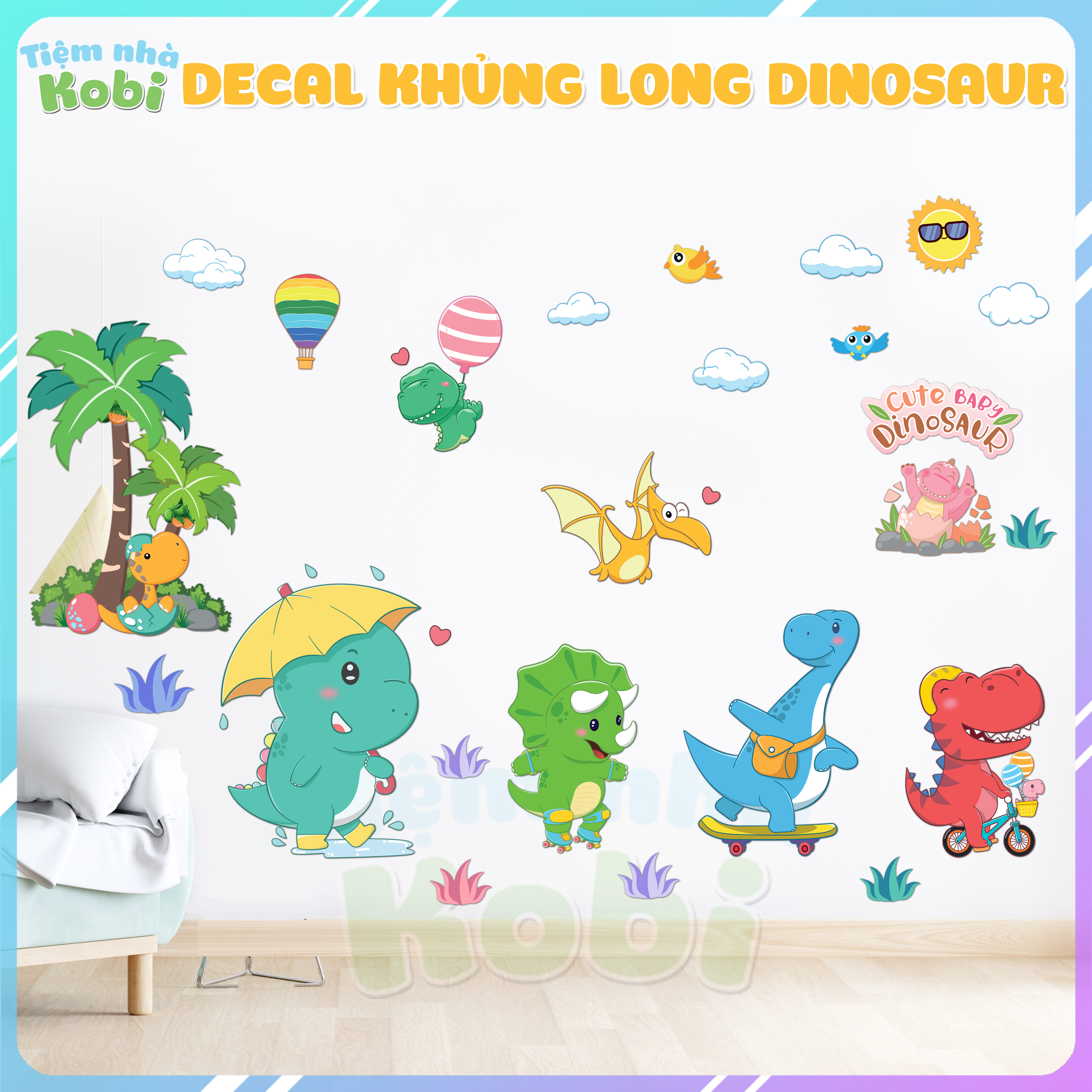 Decal Dán Tường Cho Bé - Tranh Dán Tường Khủng Long Dino