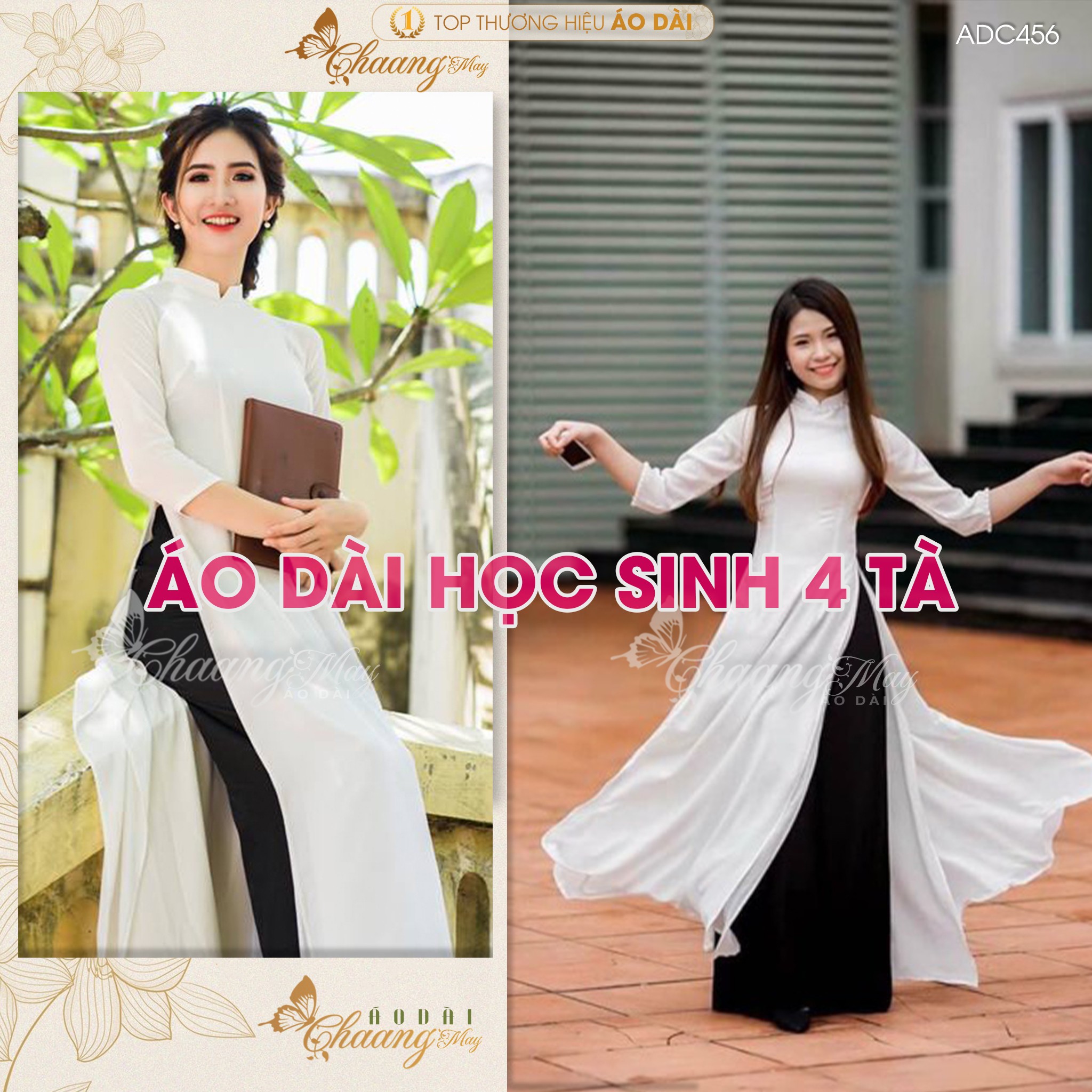 Áo dài trắng 4 tà Học Sinh Nữ đi học Chaang may sẵn ADC456 lụa tằm cổ vuông tay lỡ đẹp Voan Dress