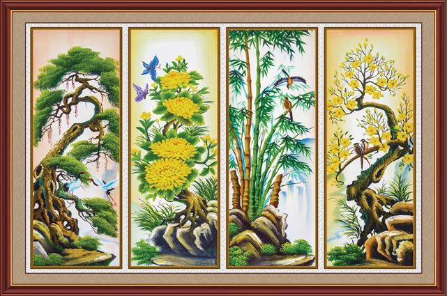 Tranh dán tường tứ quý VTC Tùng Cúc Trúc Mai UD0116 Kim sa