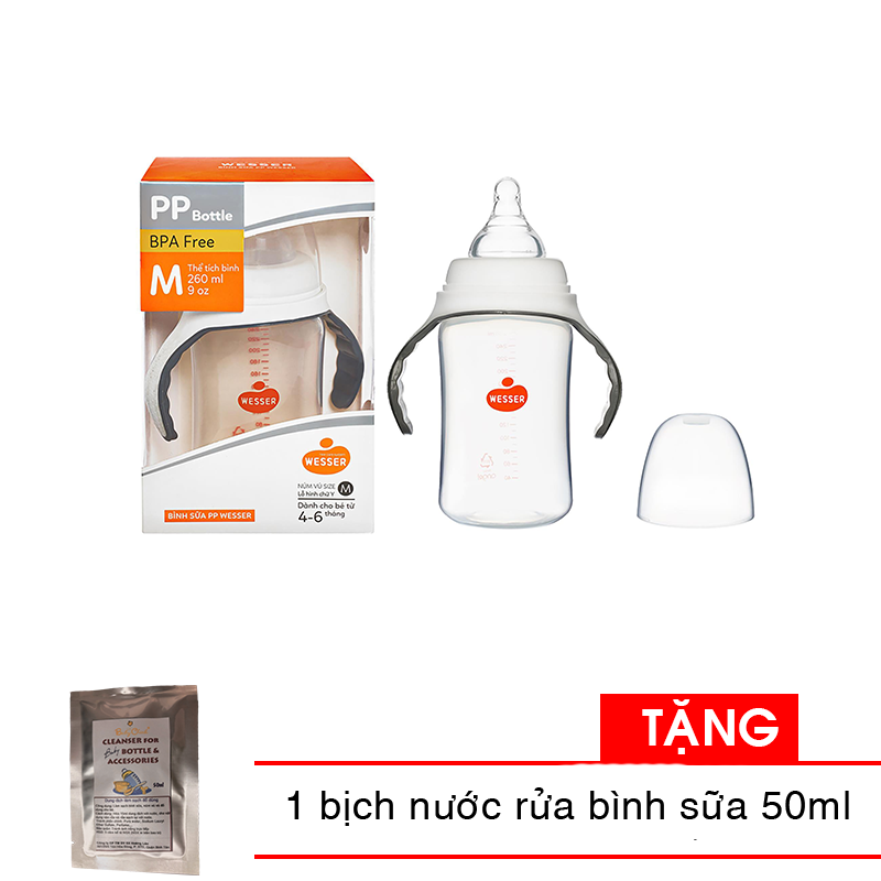 Bình sữa Wesser cổ rộng nhựa PP 180ml / 260ml (phiên bản mới) TẶNG 1 bịch nước rửa bình sữa 50ml