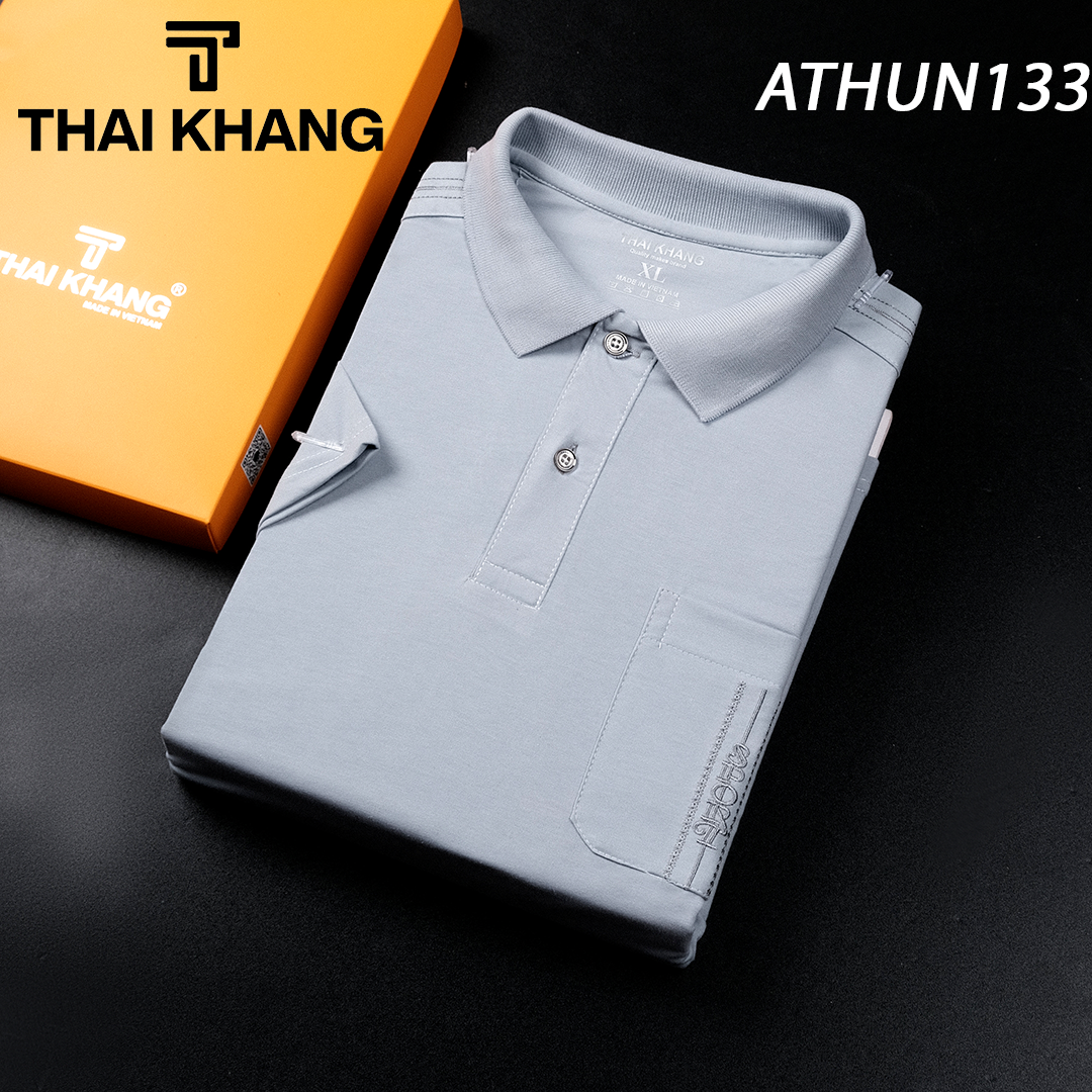 Áo thun nam trung niên có cổ form rộng vải Cotton loại áo thun nam ngắn tay có cổ thiêu vai thiêu túi ATHUN13