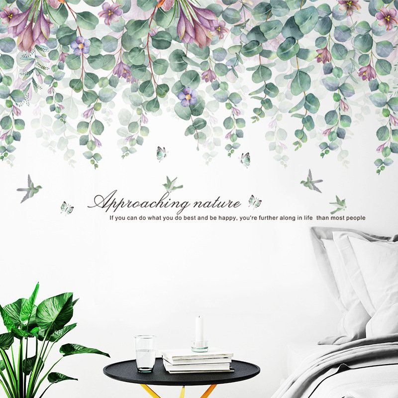 Decal dán tường tán lá xanh, hoa tím