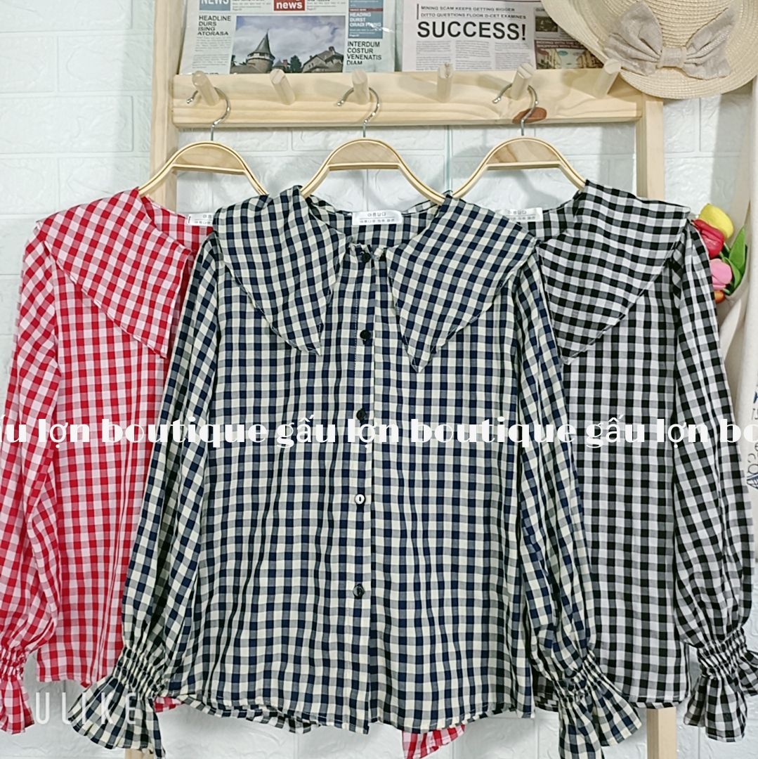 áo sơ mi kẻ caro cổ lá ảnh thật