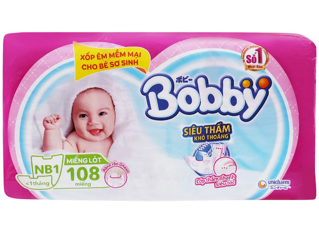 Miếng Lót Sơ Sinh Bobby Newborn 1 - Bịch 108 Miếng (Dành cho trẻ 1 tháng tuổi)