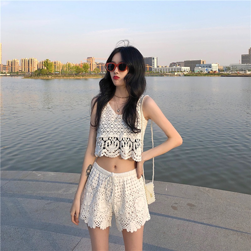 Set Ren Bikini Vintage Đi Biển Gồm 2 Món Bra Và Sooc