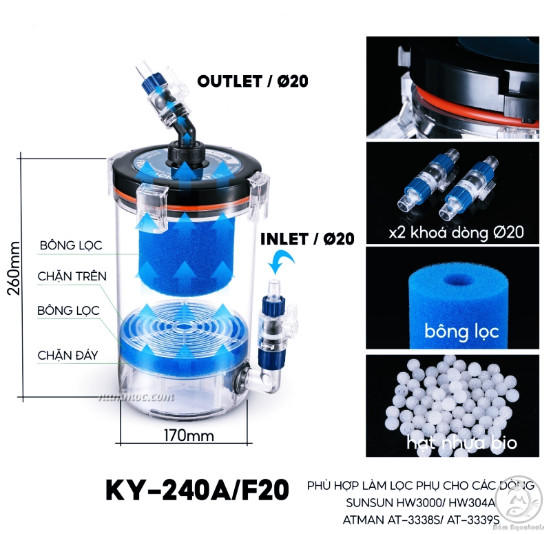 Lọc phụ marine | lọc phụ trong suốt siêu đẹp cho hồ cá thuỷ sinh - phù hợp nhiều cỡ ống f12 f16 f20