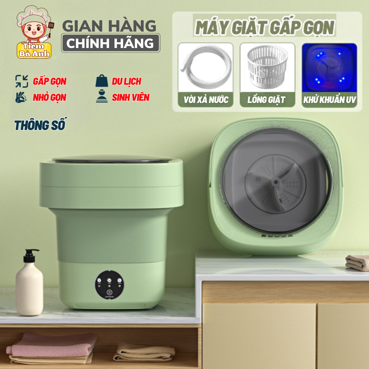 Máy giặt mini gấp gọn, máy giặt tự động khử khuẩn bằng anh sáng xanh, dung tích 6L giặt đồ lót, giặt đồ em bé tiện dụng