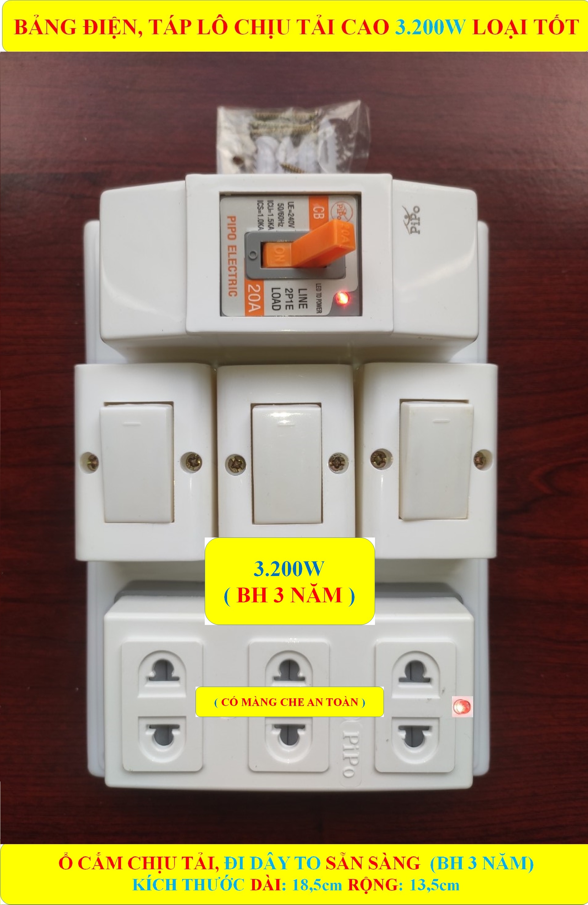 Bảng điện, Táp lô 3.200W LOẠI TỐT + + CB atomat 20A chống quá tải + 2/3 Công tắc + CÓ MÀNG CHE AN TOÀN + Ổ cắm lò xo bung chống giãn + Đi dây TO sẵn sàng + Bộ ốc vít lắp đặt
