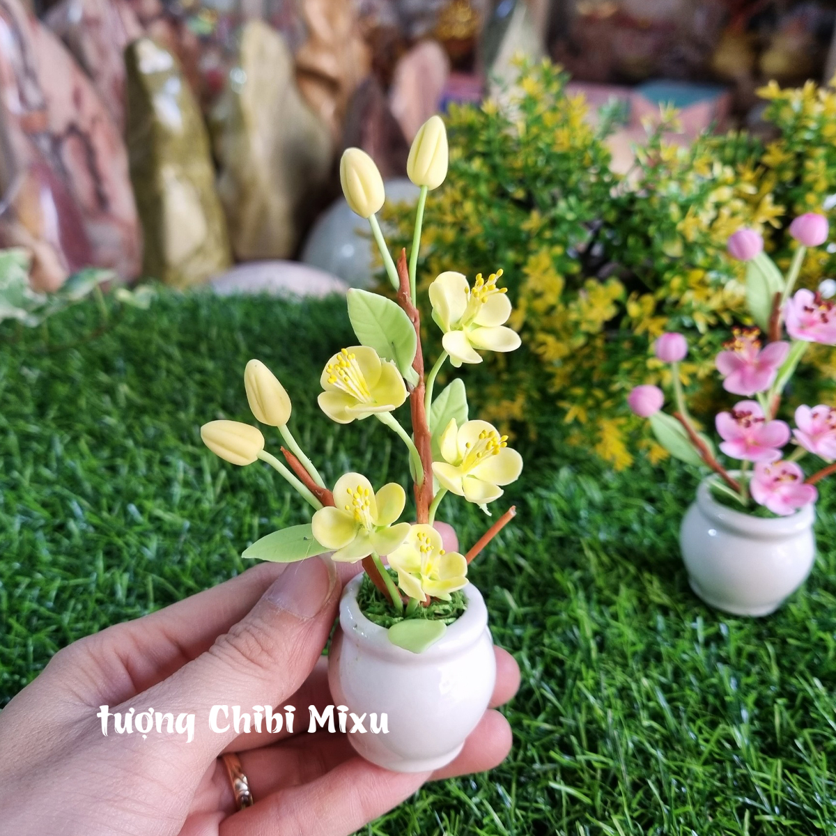 Chậu hoa mai  - hoa đào bằng đất sét Nhật cao cấp
