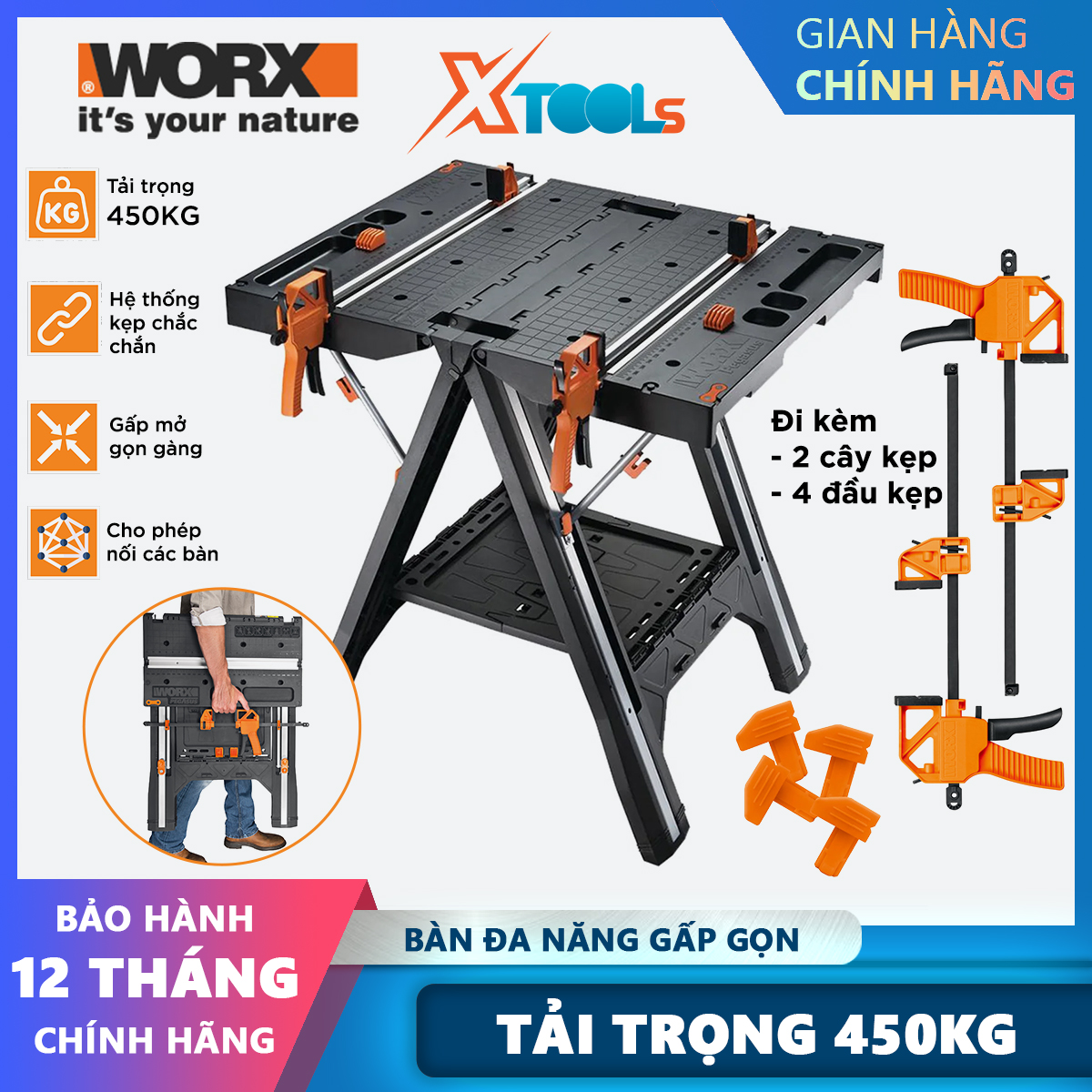 Worx wx051 foldable multi-function workbench up to 450kg load portable and easy to fold up, wide table top easy to operate with Tool Box