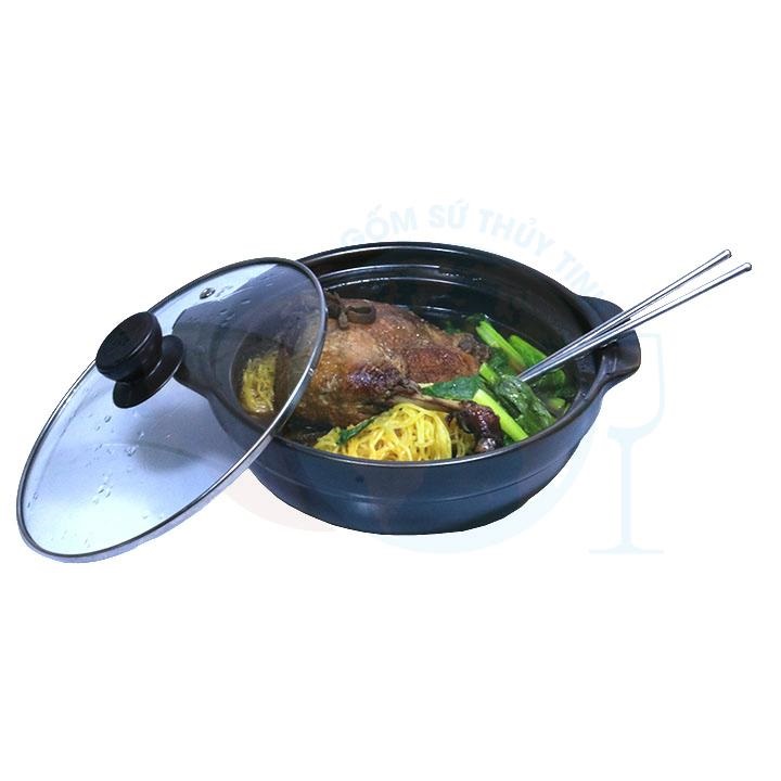 Nồi đất tráng men nắp kính 7'' nấu mì cay