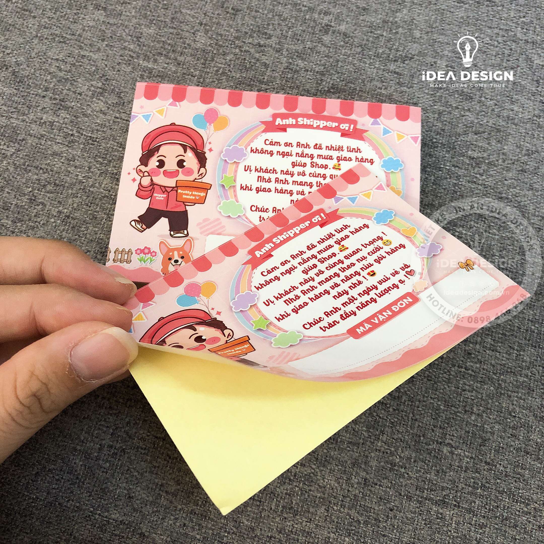 Decal Dán, Tem Nhãn Dán Cám Ơn Anh Shipper Có Ô Ghi Vận Đơn Và Keo Dính - Size 10x7cm Cán Màn Bóng, Chống Nước, Màu Cam Pastel