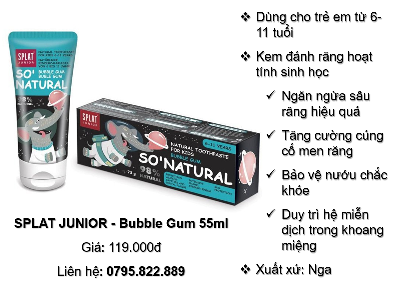 Kem đánh răng trẻ em 6-10 tuổi SPLAT JUNIOR - Bubble Gum 55ml (Phân phối chính hãng)