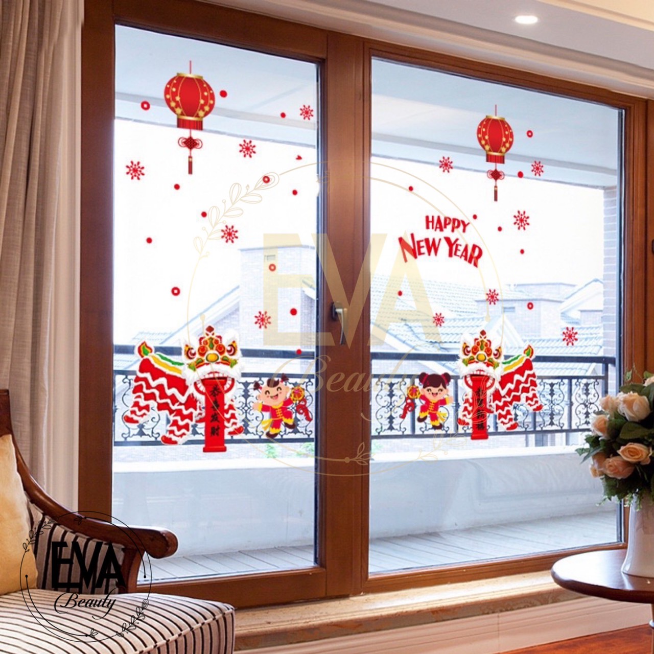 Decal dán tường dán kính trang trí tết họa tiết lân sư đón tết sk9254 m0700