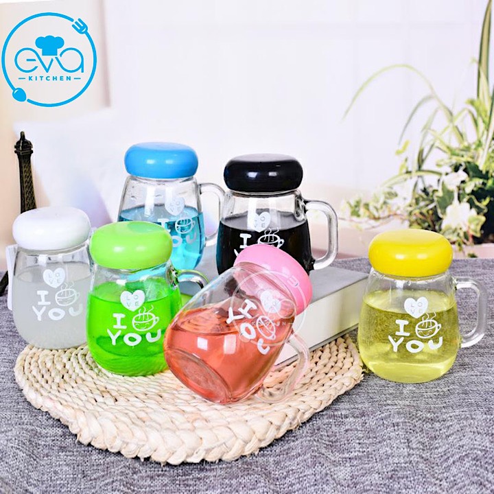 [HCM]Ly Thuỷ Tinh Có Quai Cầm Kèm Lưới Lọc Trà Inox Kiểu Dáng Penguin Nắp Màu 350 Ml