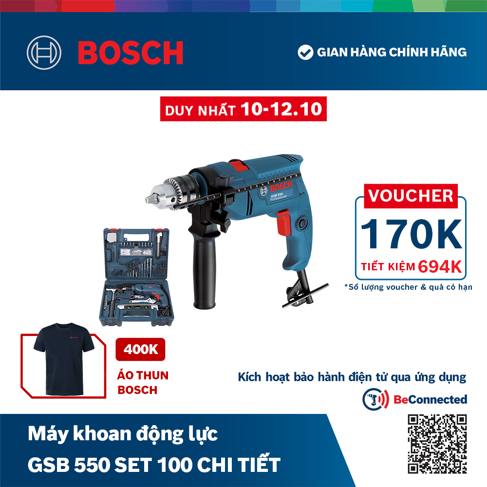 Bộ máy khoan động lực Bosch GSB 550 và bộ dụng cụ 100 chi tiết