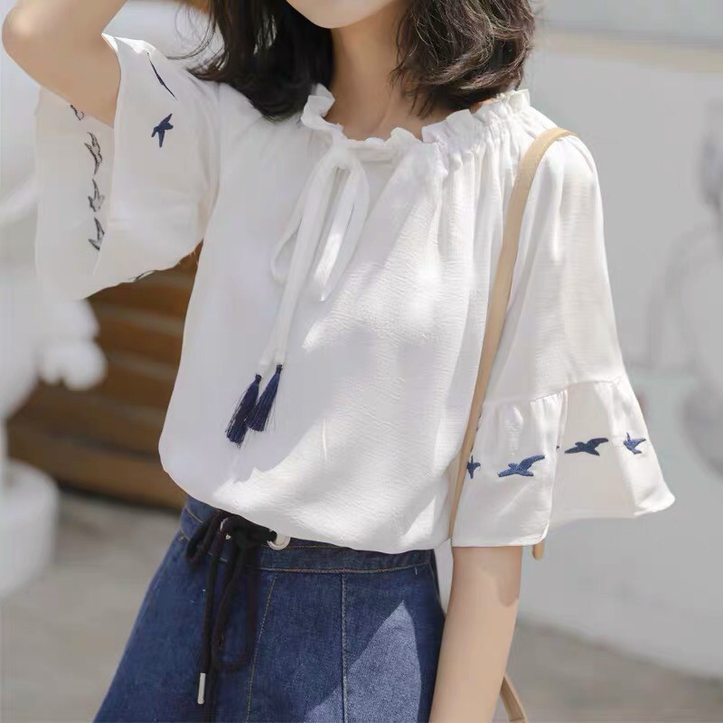 Áo Kiểu Sơ Mi Hàn Quốc Tay Lỡ Cột Nơ Trước Ngực Cute Hột Me TTSA0747