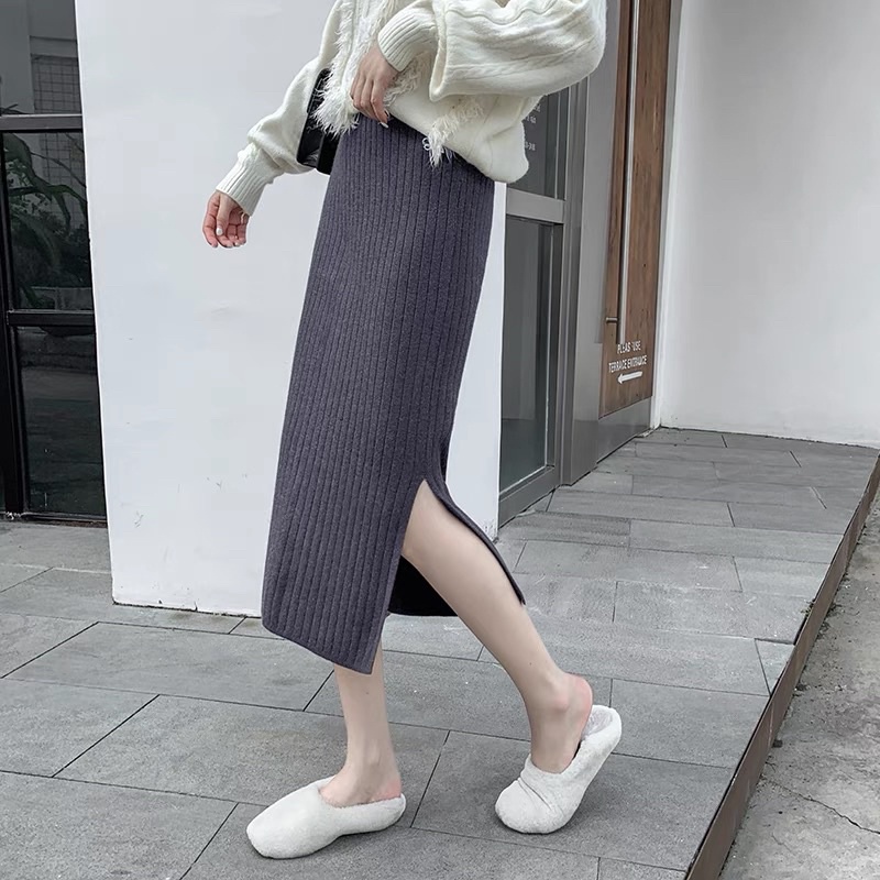 [Loại 1] Chân váy len MIDI Quảng Châu xẻ sau freesize MS150