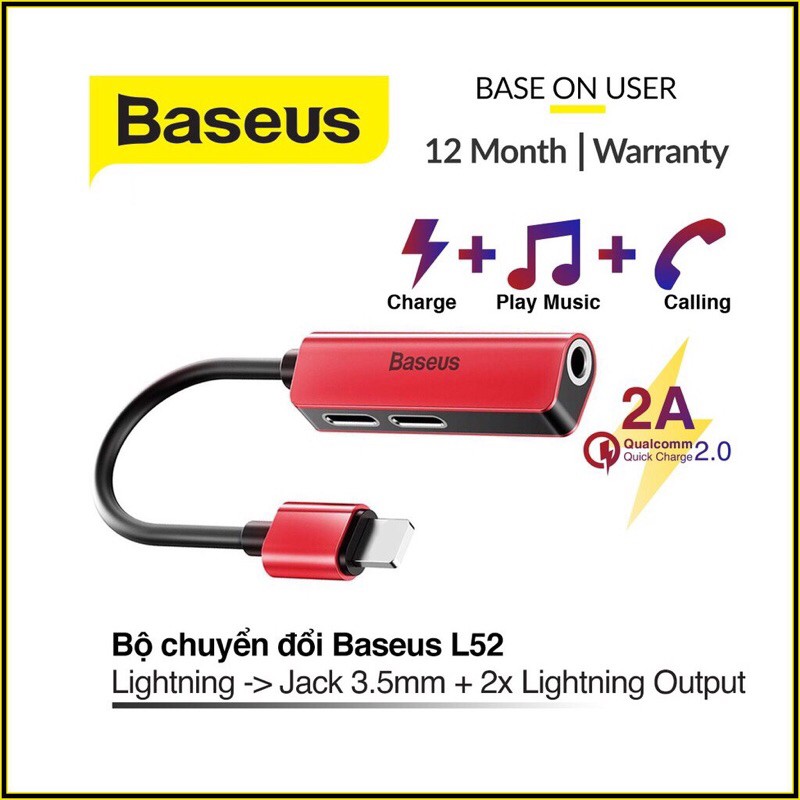 Cáp chuyển đổi Baseus L52 Lightning sang 2 cổng lightning + Audio AUX 3.5mm - Cáp chuyển chia 1 lightning ra 2 iphone
