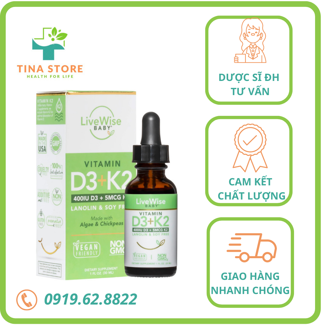 Vitamin D3 K2 hữu cơ LiveWise Mỹ cho bé