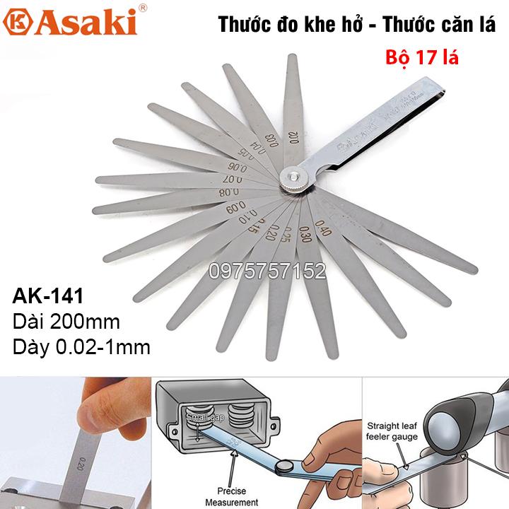 Thước căn lá - Thước đo khe hở 17 lá 0.02-1.00mm Asaki AK-141 dài 200mm, thước lá dưỡng dưỡng đo độ dày, thước lá canh khe hở chỉnh cò xupap, thước nhét, thước lá căn đo khe hở thiết kế nhỏ gọn, đa năng, độ chính xác cao